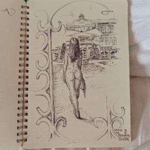 2024 - Cestou na proceduru v Gočáru, Lázně Bohdaneč, pero, 20 x 15 cm